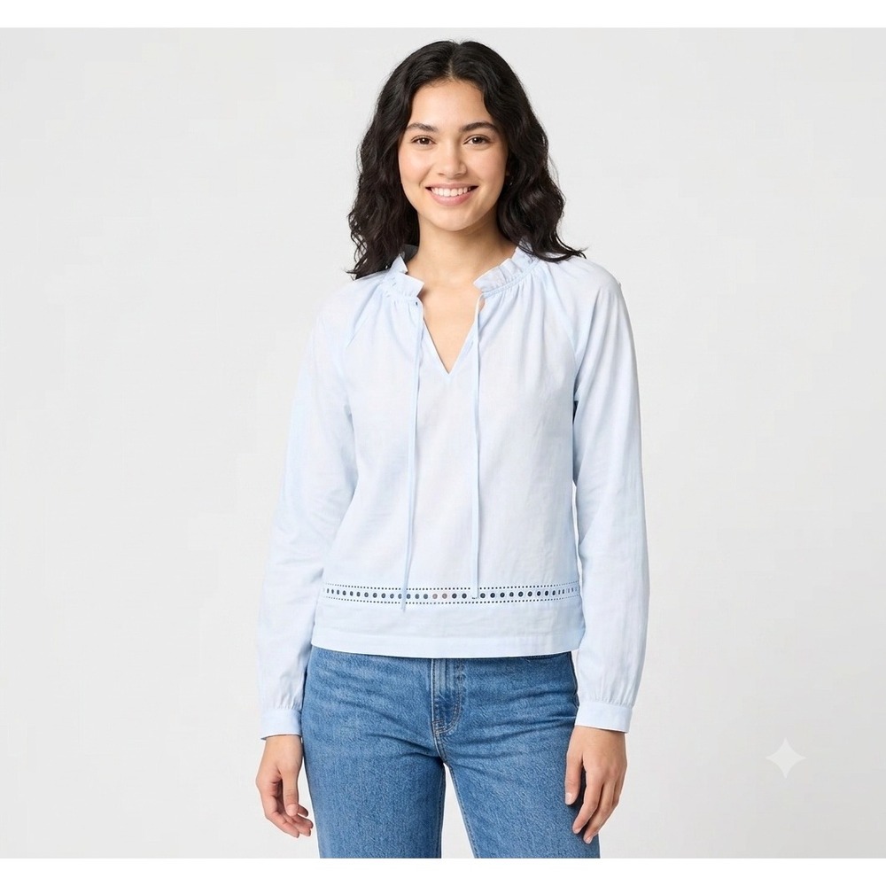 J Crew Shirt Womens Small Long Sleeve Tie Neck Top Gentle Sea Blue Cotton CT018
